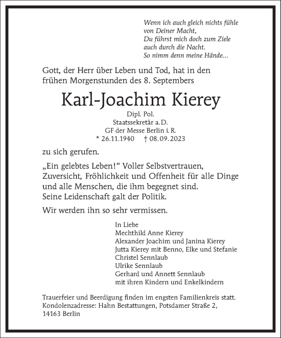 Traueranzeige von Karl-Joachim Kierey von Frankfurter Allgemeine Zeitung