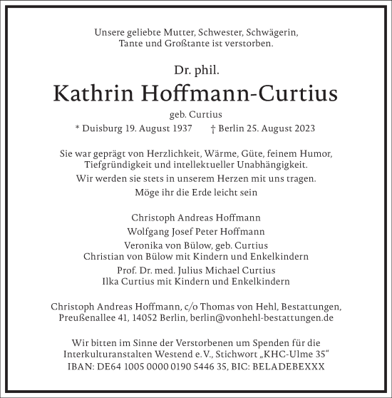 Traueranzeige von Kathrin Hofmann-Curtius von Frankfurter Allgemeine Zeitung