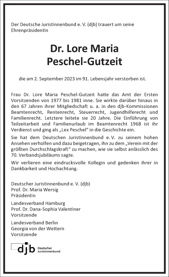 Traueranzeige von Lore Maria Peschel-Gutzeit von Frankfurter Allgemeine Zeitung