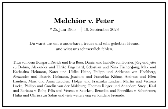 Traueranzeige von Melchior von Peter von Frankfurter Allgemeine Zeitung
