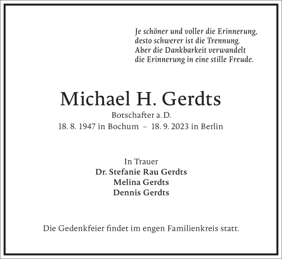Traueranzeige von Michael H. Gerdts von Frankfurter Allgemeine Zeitung