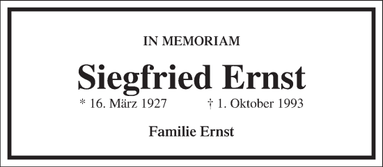 Traueranzeige von Siegfried Ernst von Frankfurter Allgemeine Zeitung