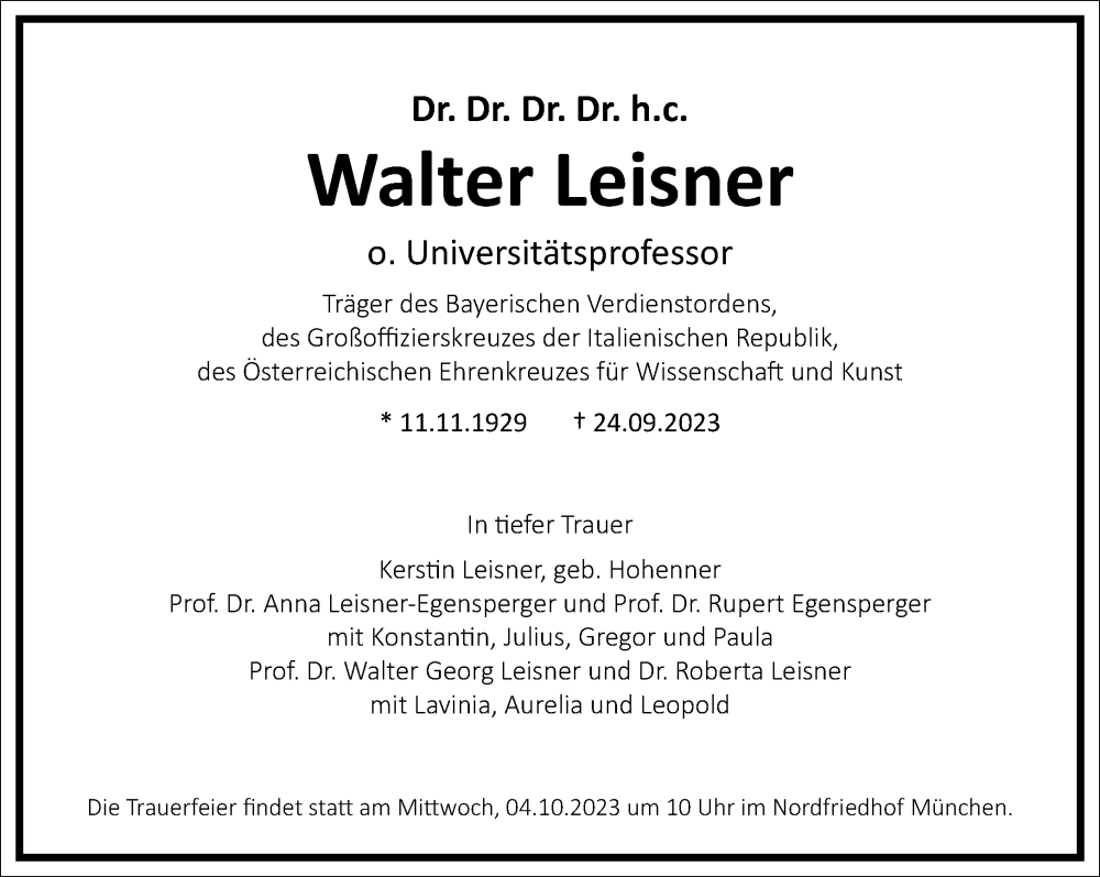  Traueranzeige für Walter Leisner vom 28.09.2023 aus Frankfurter Allgemeine Zeitung