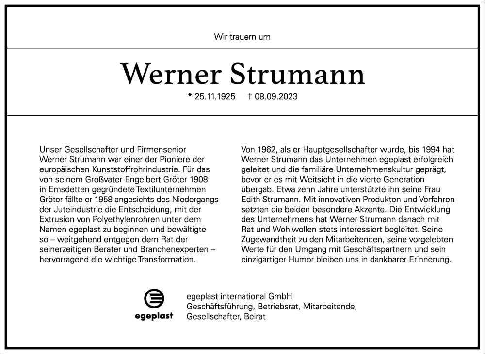  Traueranzeige für Werner Strumann vom 16.09.2023 aus Frankfurter Allgemeine Zeitung