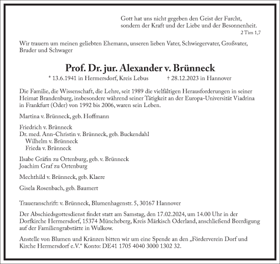 Traueranzeige von Alexander v. Brünneck von Frankfurter Allgemeine Zeitung