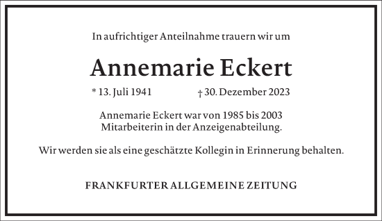 Traueranzeige von Annemarie Eckert von Frankfurter Allgemeine Zeitung