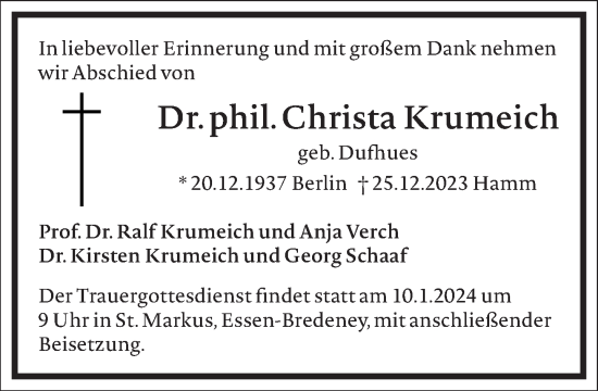 Traueranzeige von Christa Krumeich von Frankfurter Allgemeine Zeitung