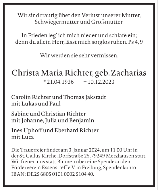 Traueranzeige von Christa  Richter von Frankfurter Allgemeine Zeitung