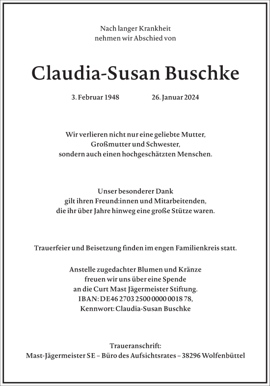 Traueranzeige von Claudia-Susan Buschke von Frankfurter Allgemeine Zeitung