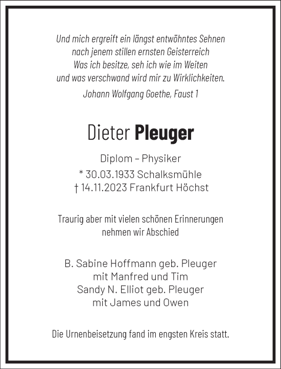 Traueranzeige von Dieter Pleuger von Frankfurter Allgemeine Zeitung