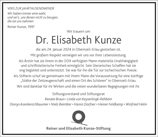 Traueranzeige von Elisabeth Kunze von Frankfurter Allgemeine Zeitung