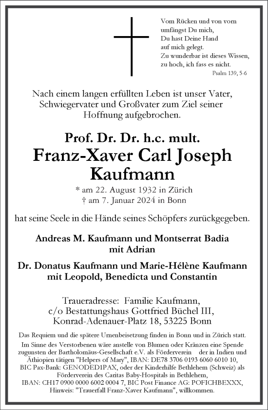 Traueranzeige von Franz-Xaver Carl Joseph Kaufmann von Frankfurter Allgemeine Zeitung