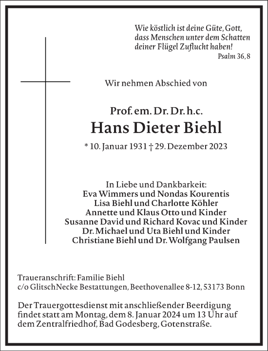 Traueranzeige von Hans Dieter Biehl von Frankfurter Allgemeine Zeitung