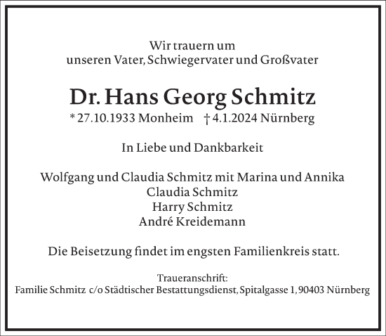 Traueranzeige von Hans Georg Schmitz von Frankfurter Allgemeine Zeitung