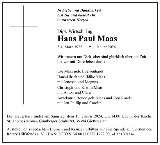 Traueranzeige von Hans Paul Maas von Frankfurter Allgemeine Zeitung