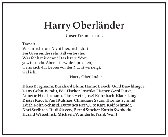 Traueranzeige von Harry Oberländer von Frankfurter Allgemeine Zeitung