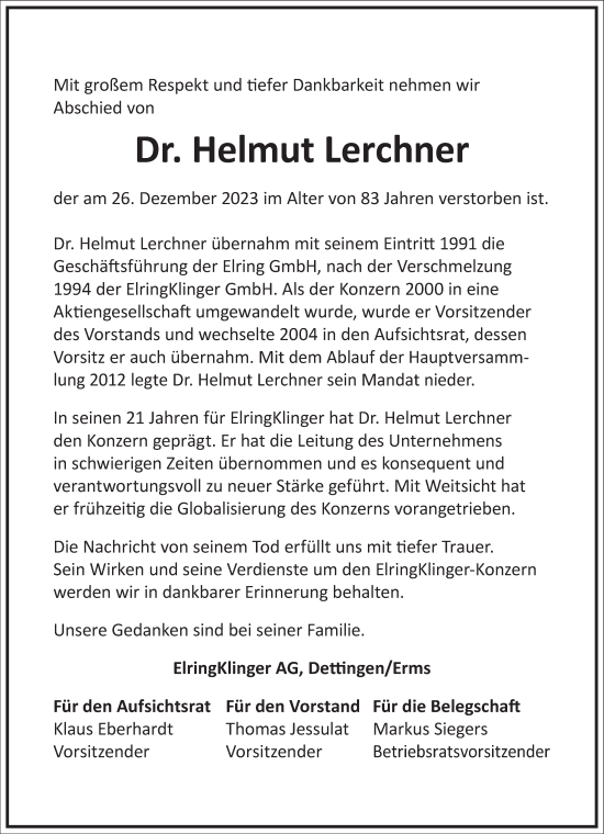 Traueranzeige von Helmut Lerchner von Frankfurter Allgemeine Zeitung