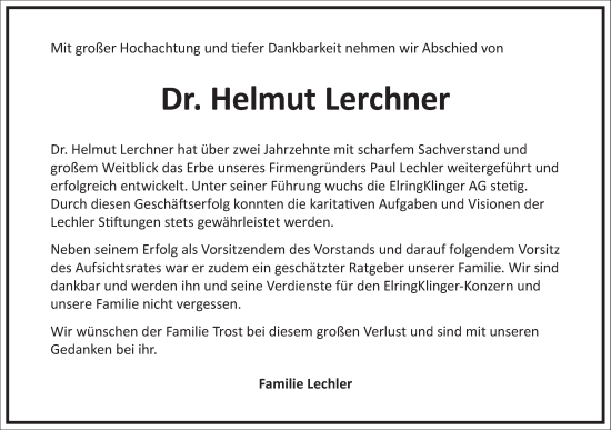Traueranzeige von Helmut Lerchner von Frankfurter Allgemeine Zeitung