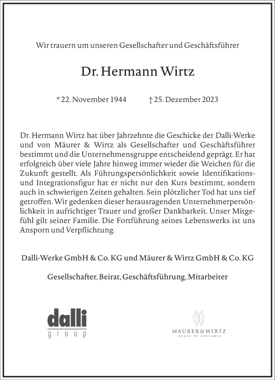 Traueranzeige von Hermann Wirtz von Frankfurter Allgemeine Zeitung