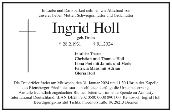 Traueranzeige von Ingrid Holl von Frankfurter Allgemeine Zeitung