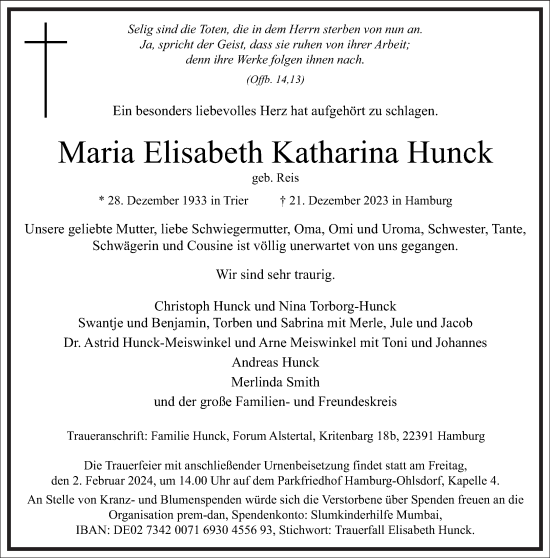 Traueranzeige von Maria Elisabeth Katharina  Hunck von Frankfurter Allgemeine Zeitung