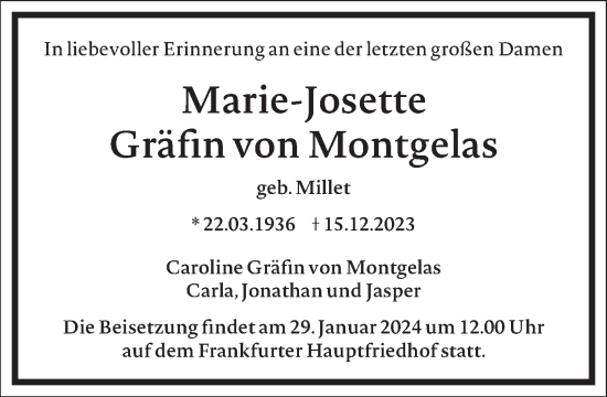 Traueranzeige von Marie-Josette Gräfin von Montgelas von Frankfurter Allgemeine Zeitung