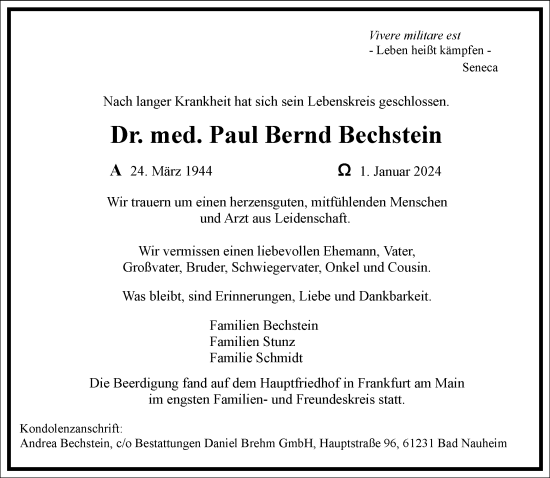 Traueranzeige von Paul Bernd Bechstein von Frankfurter Allgemeine Zeitung