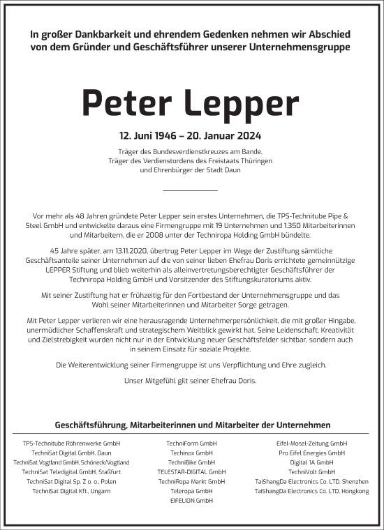 Traueranzeige von Peter Lepper von Frankfurter Allgemeine Zeitung