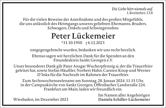 Traueranzeige von Peter Lückemeier von Frankfurter Allgemeine Zeitung