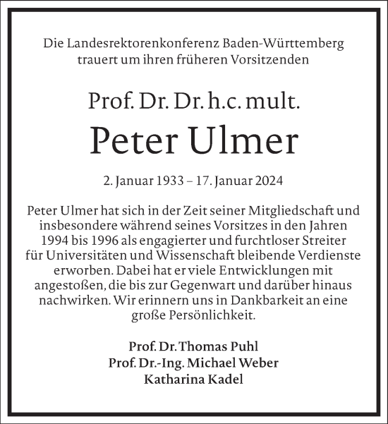 Traueranzeige von Peter Ulmer von Frankfurter Allgemeine Zeitung