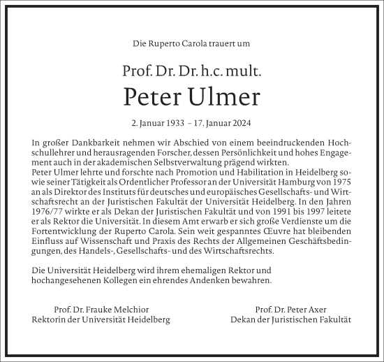 Traueranzeige von Peter Ulmer von Frankfurter Allgemeine Zeitung