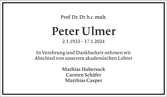 Traueranzeige von Peter Ulmer von Frankfurter Allgemeine Zeitung