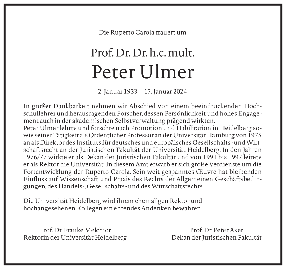  Traueranzeige für Peter Ulmer vom 24.01.2024 aus Frankfurter Allgemeine Zeitung