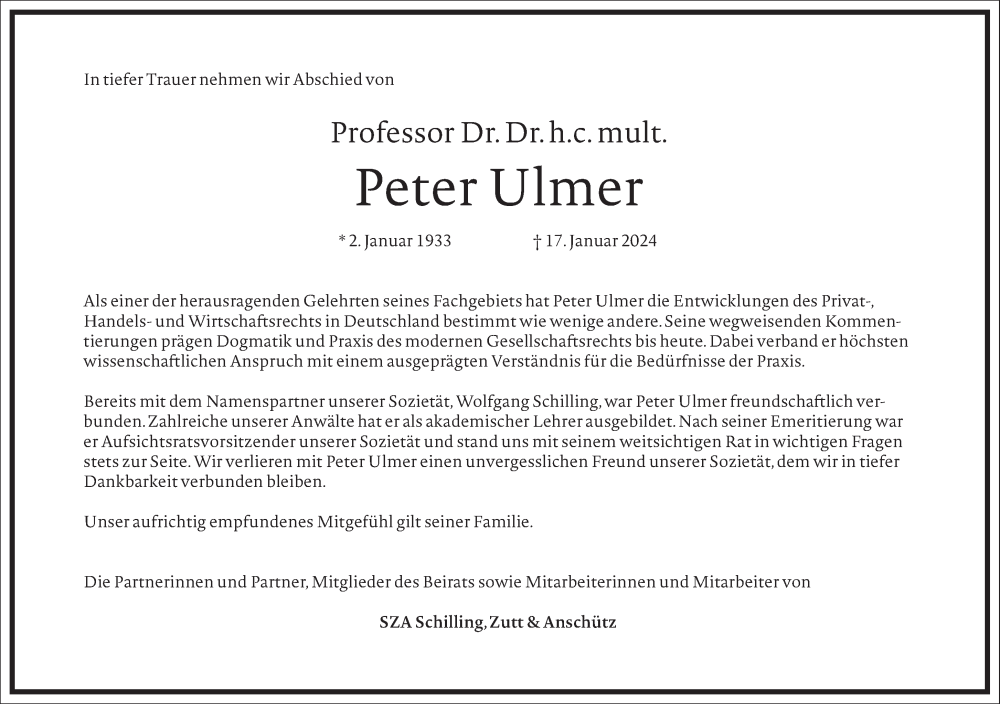  Traueranzeige für Peter Ulmer vom 24.01.2024 aus Frankfurter Allgemeine Zeitung