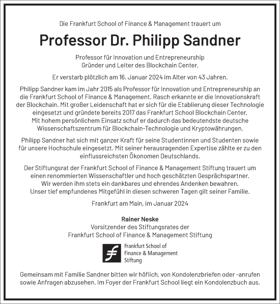 Traueranzeige von Philipp Sandner von Frankfurter Allgemeine Zeitung