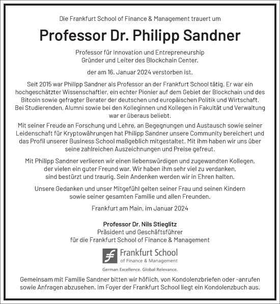 Traueranzeige von Philipp Sandner von Frankfurter Allgemeine Zeitung