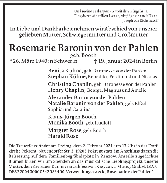 Traueranzeige von Rosemarie Baronin von der Pahlen von Frankfurter Allgemeine Zeitung