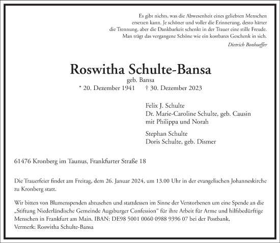 Traueranzeige von Roswitha Schulte-Bansa von Frankfurter Allgemeine Zeitung