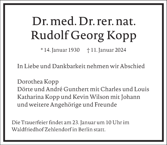 Traueranzeige von Rudolf Georg Kopp von Frankfurter Allgemeine Zeitung