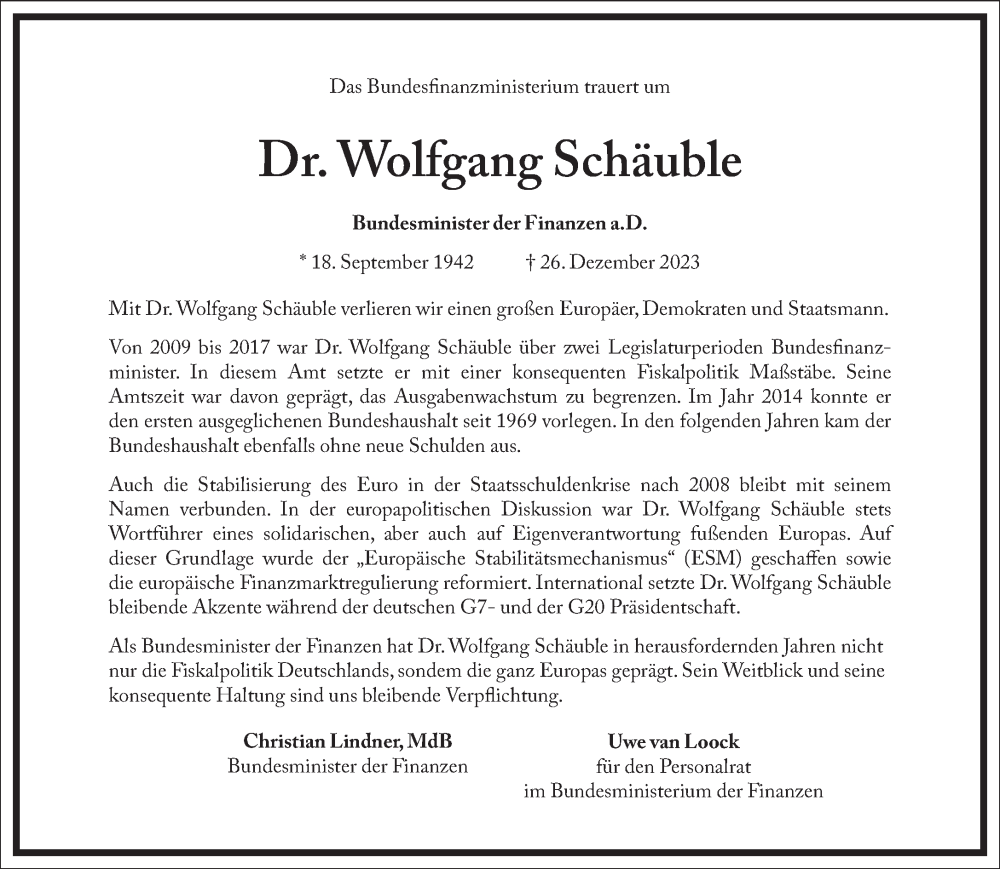  Traueranzeige für Wolfgang Schäuble vom 05.01.2024 aus Frankfurter Allgemeine Zeitung