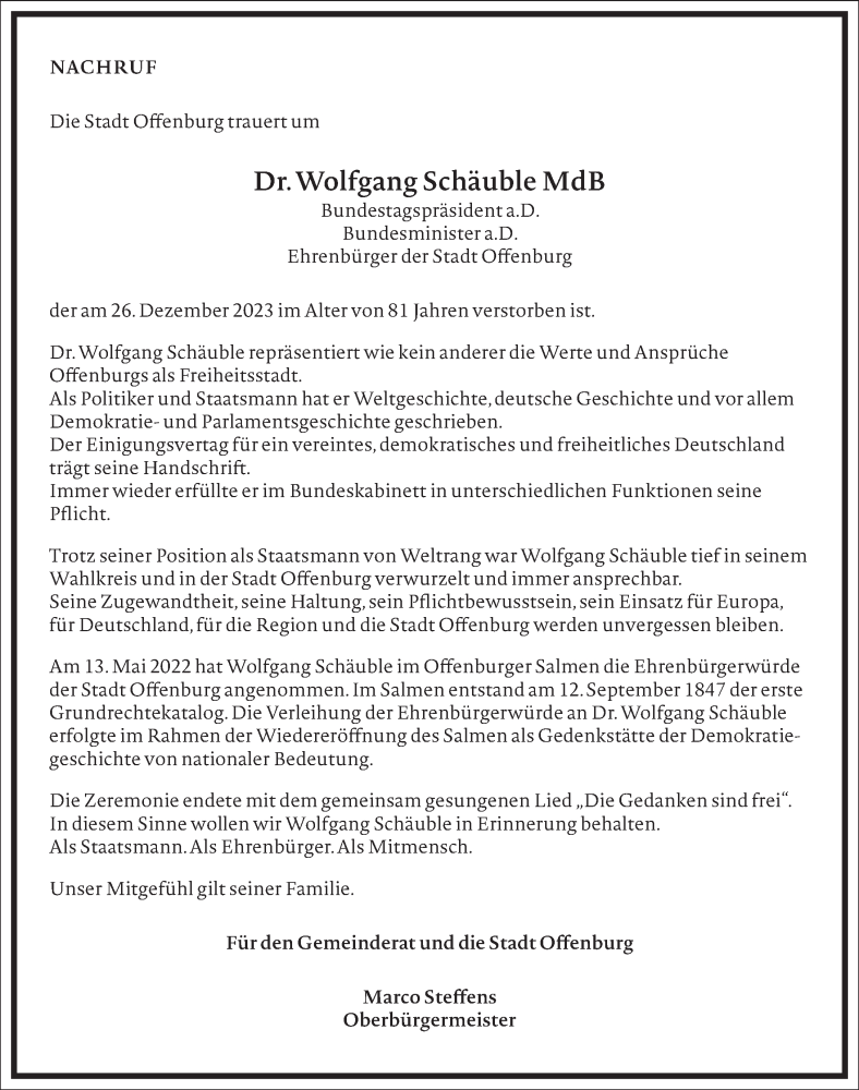  Traueranzeige für Wolfgang Schäuble vom 04.01.2024 aus Frankfurter Allgemeine Zeitung