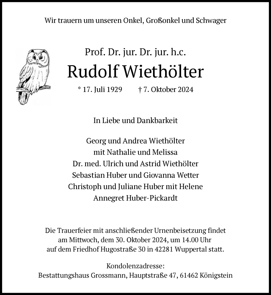  Traueranzeige für Rudolf Wiethölter vom 26.10.2024 aus Frankfurter Allgemeine Zeitung