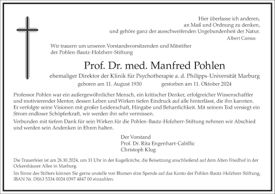 Traueranzeige von Manfred Pohlen von Frankfurter Allgemeine Zeitung