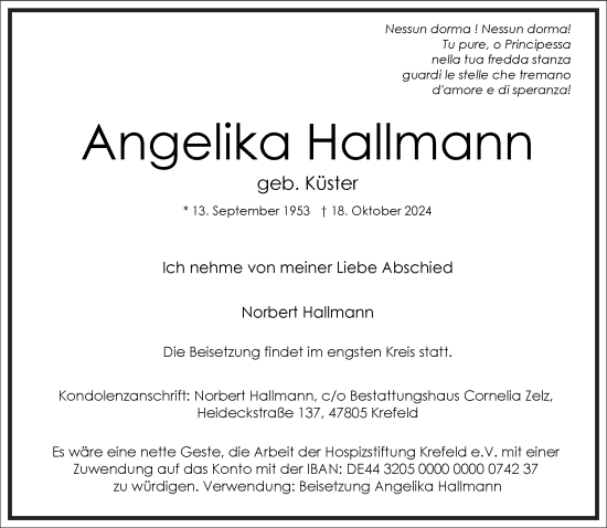 Traueranzeige von Angelika Hallmann von Frankfurter Allgemeine Zeitung