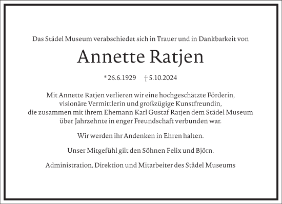 Traueranzeige von Annette Ratjen von Frankfurter Allgemeine Zeitung