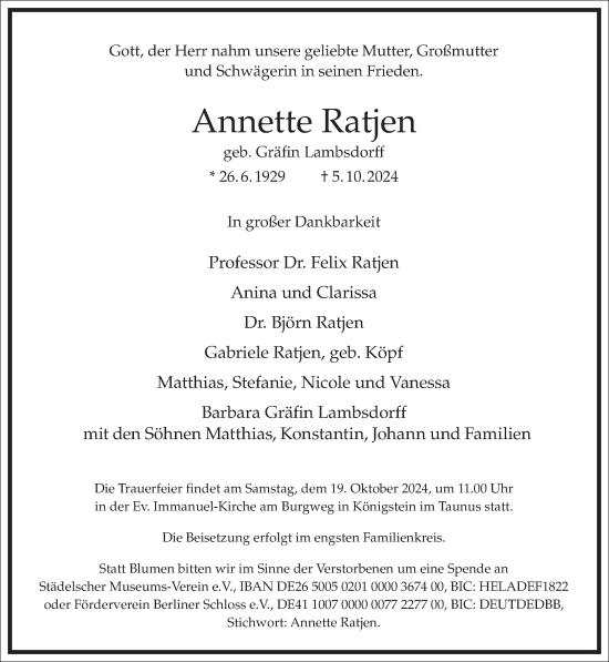 Traueranzeige von Annette Ratjen von Frankfurter Allgemeine Zeitung