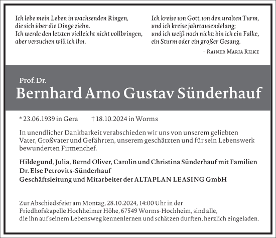 Traueranzeige von Bernhard Arno Gustav Sünderhauf von Frankfurter Allgemeine Zeitung