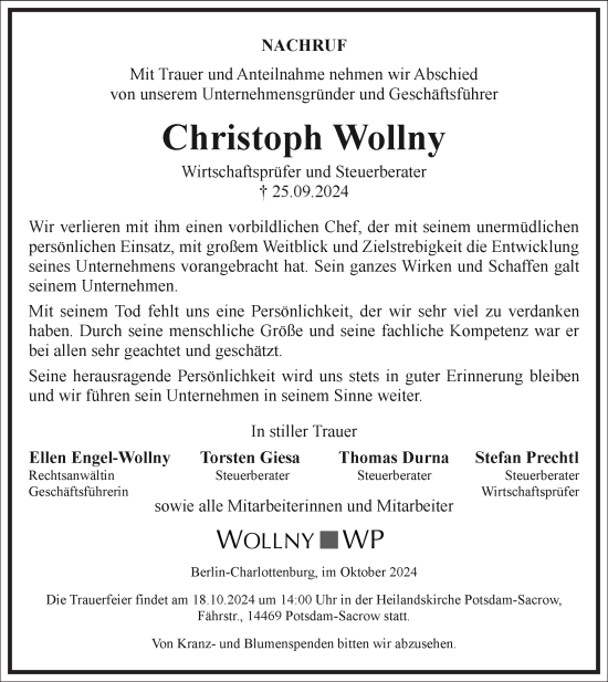 Traueranzeige von Christoph Wollny von Frankfurter Allgemeine Zeitung