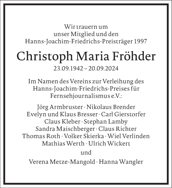 Traueranzeige von Christoph Maria Fröhder von Frankfurter Allgemeine Zeitung