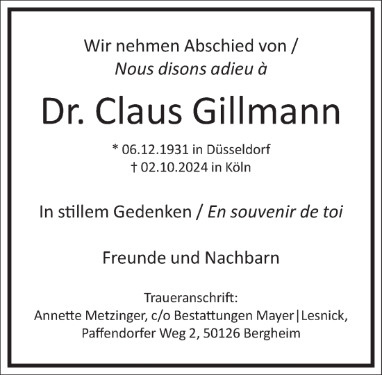 Traueranzeige von Claus Gillmann von Frankfurter Allgemeine Zeitung